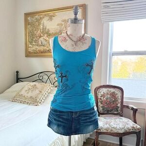 Blue bling tank  y2k zona libre turquoise embellished graphic tank top